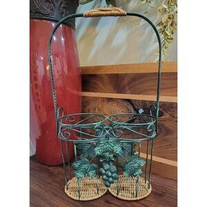 Vintage 1970's Two-Bottle Metal and Wicker Wine Caddy